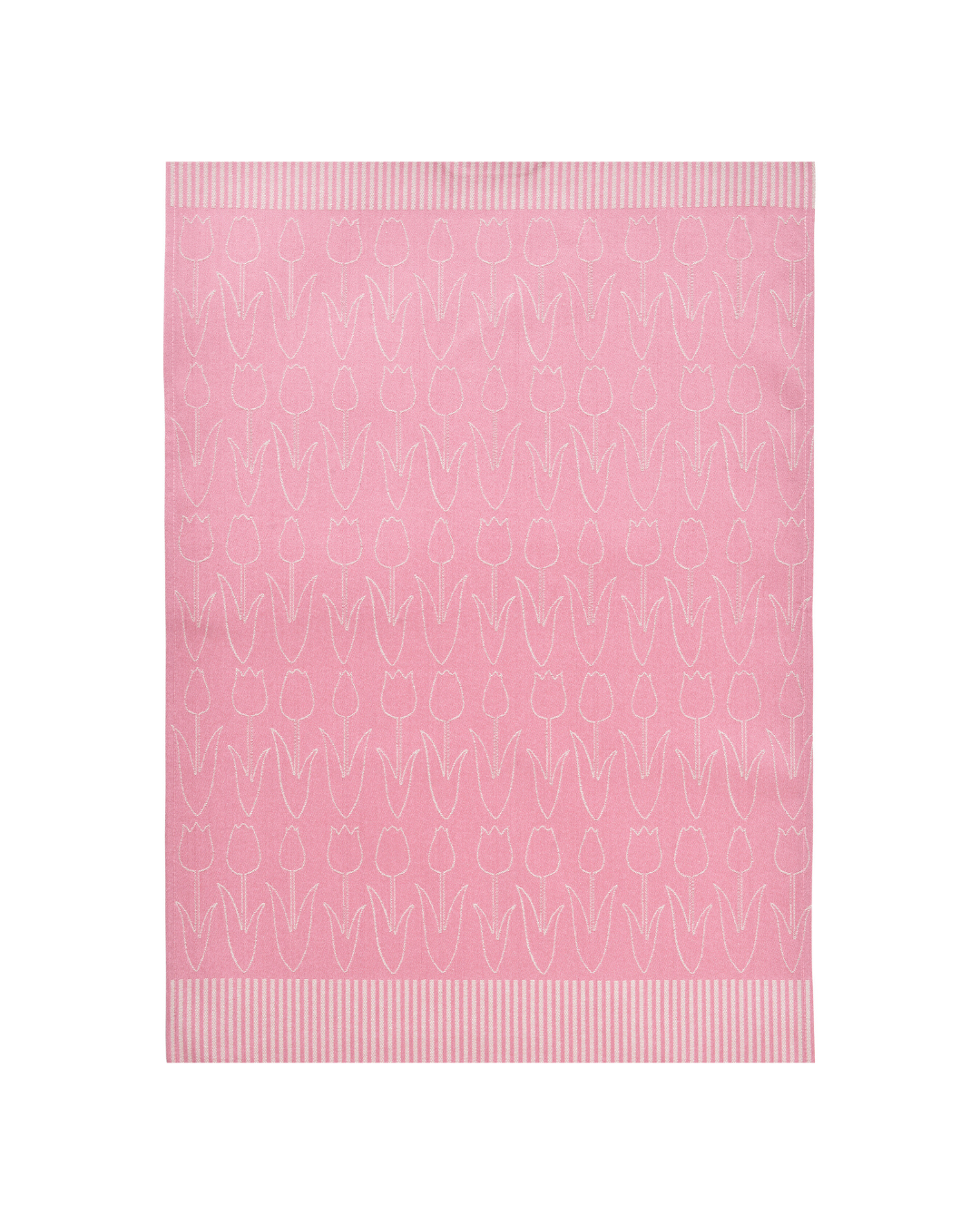 Rosa Geschirrtuch Primavera von Sander mit eingewebtem Tulpenmuster und gestreiften Abschlüssen auf hellem Hintergrund.