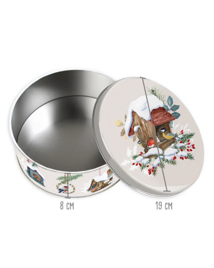 Geöffnete Plätzchendose "Am Vogelhaus" vom Grätz Verlag mit detailreichen Vogelillustrationren von Daniela Drescher.