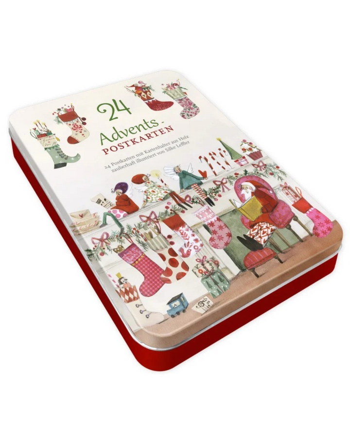 Postkarten Adventskalender "Weihnachtsengel" vom Grätz Verlag. Illustriert von Silke Leffler. Hier zu sehen ist die Transportbox aus Metall.
