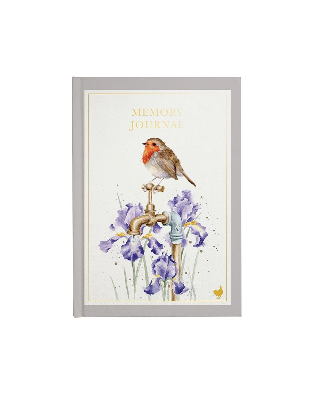 Privates Tagebuch und Erinnerungsjournal mit Rotkehlchenillustration von Hannah Dale von Wrendale Designs. Das deatailierte Rotkehlchen sitzt auf einem Gartenwasseranschluss zwischen lilafarbenen Lilien.