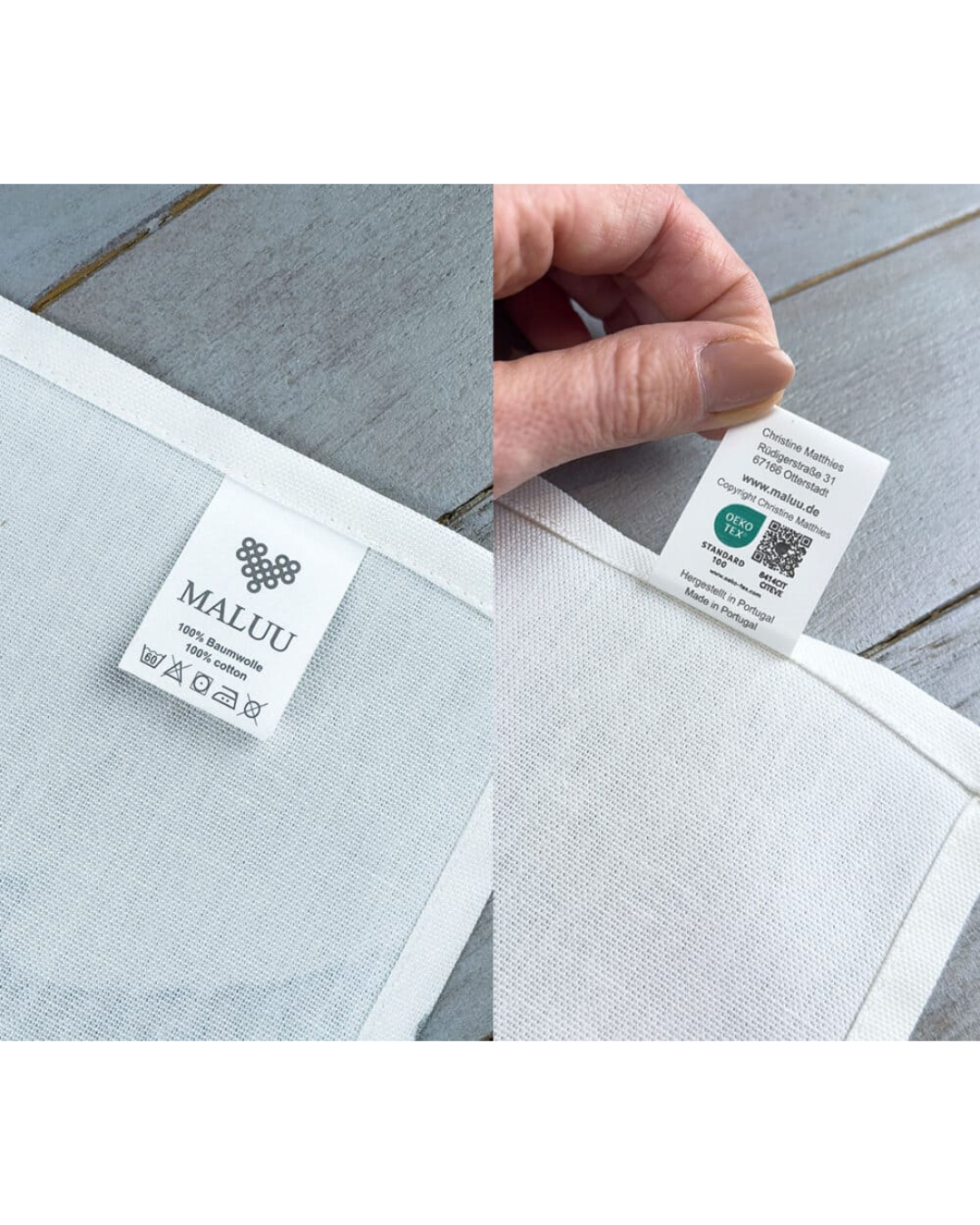 Etikett und Materialangaben des Leuchtturm Geschirrtuchs Red Lighthouse von Maluu mit Baumwollhinweis und Siegel