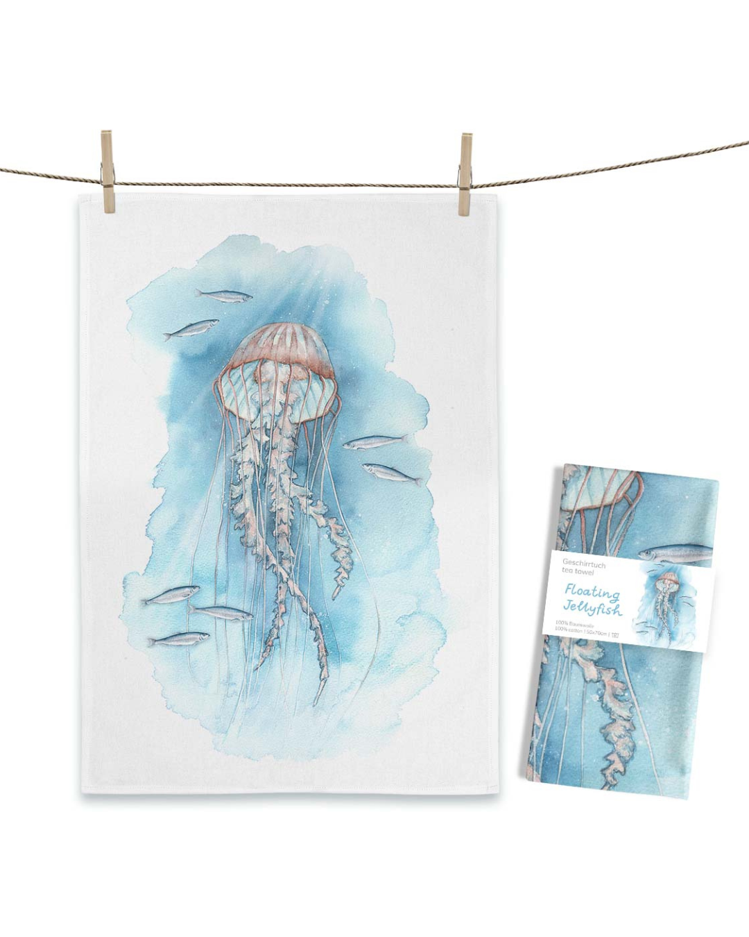 Geschirrtuch „Floating Jellyfish“ von Maluu mit zarter Qualle in Blau