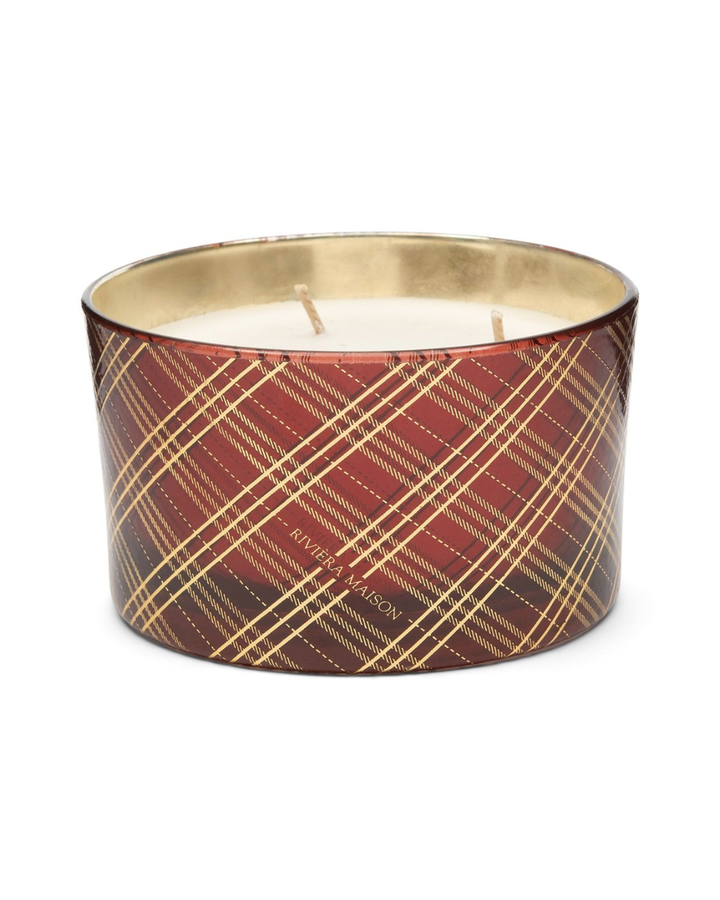 Duftkerze RM Classic Tartan von Rivièra Maison mit rotem und goldenem Karomuster.