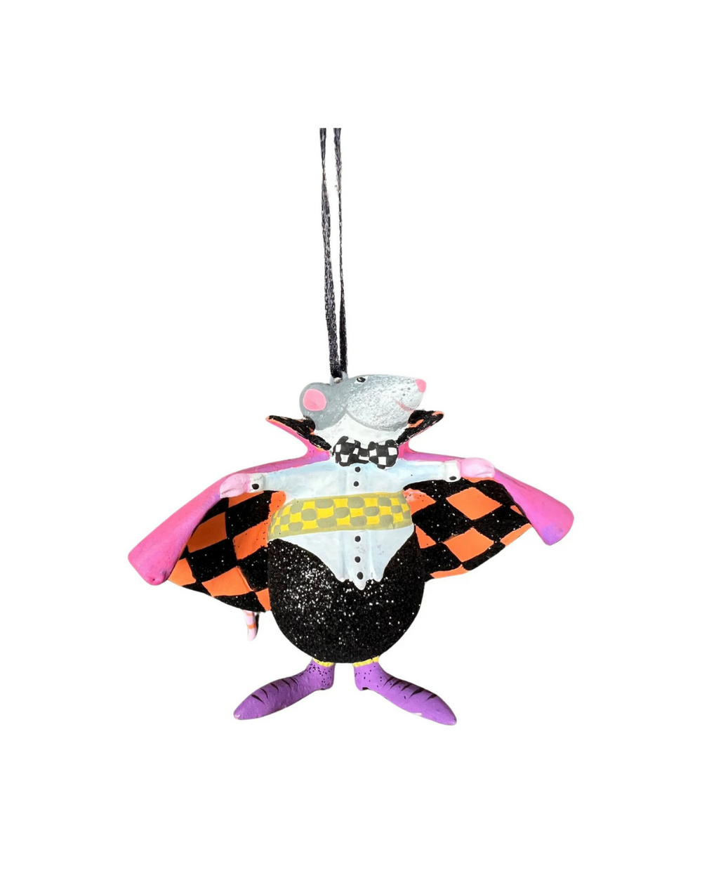 Mini-Krinkle Mr. Ratula von Patience Brewster – detailreich bemalte Rattenfigur mit pink-schwarzem Umhang, Glitzereffekten und Halloween-Design vor weißem Hintergrund.