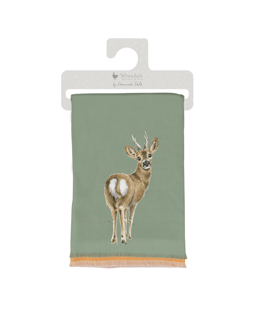 Winterschal „The Roe Deer“ von Wrendale Designs vor weißem Hintergrund. Die Vorderseite ist in sanftem Grün mit einer Reh-Illustration von Hannah Dale gestaltet, während Rückseite und Fransen in warmem Ockerton gehalten sind. Der Schal ist dekorativ gefaltet und auf Verpackungskarton präsentiert.