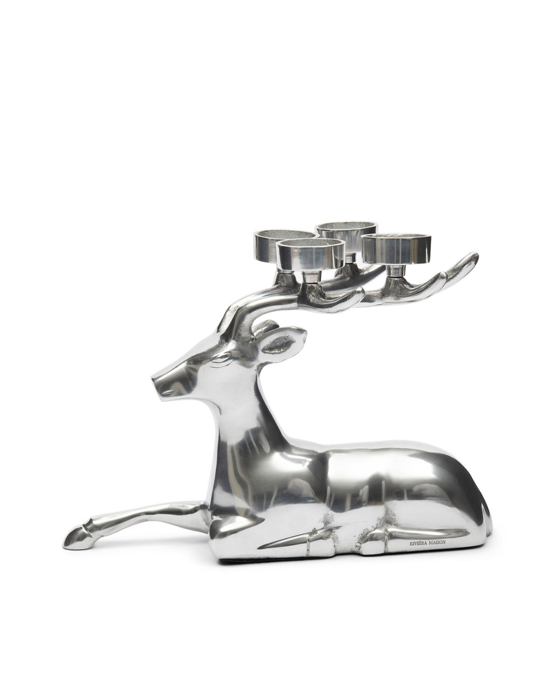 „Reindeer Candle Holder von Rivièra Maison – silberner Hirsch-Kerzenhalter in Seitenansicht“