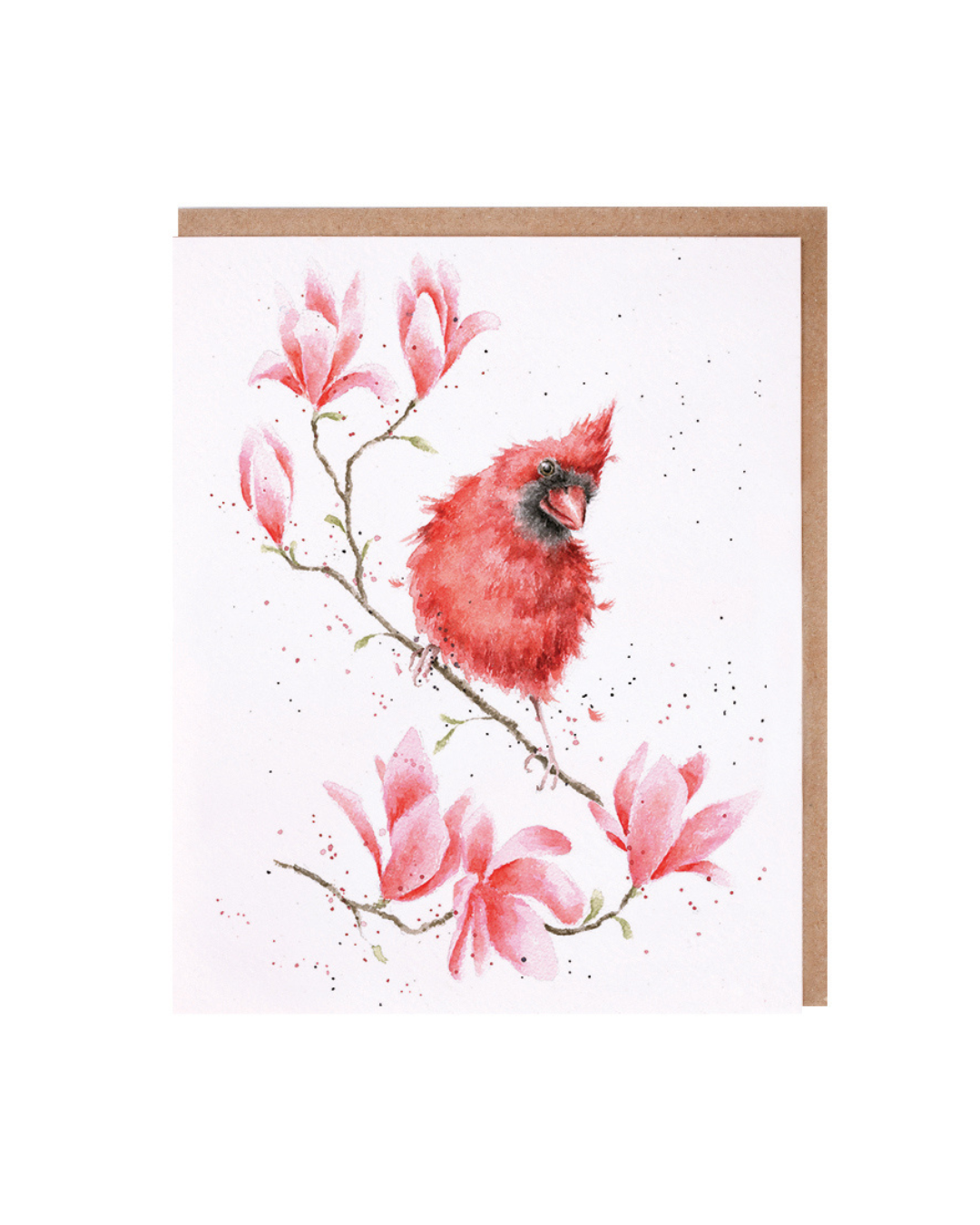 Grußkarte Magnolia mit einem Rotkardinal auf einem Magnolienzweig von Wrendale Designs. Die Karte ist im Hochkant-Format mit einer Illustration von Hannah Dale.