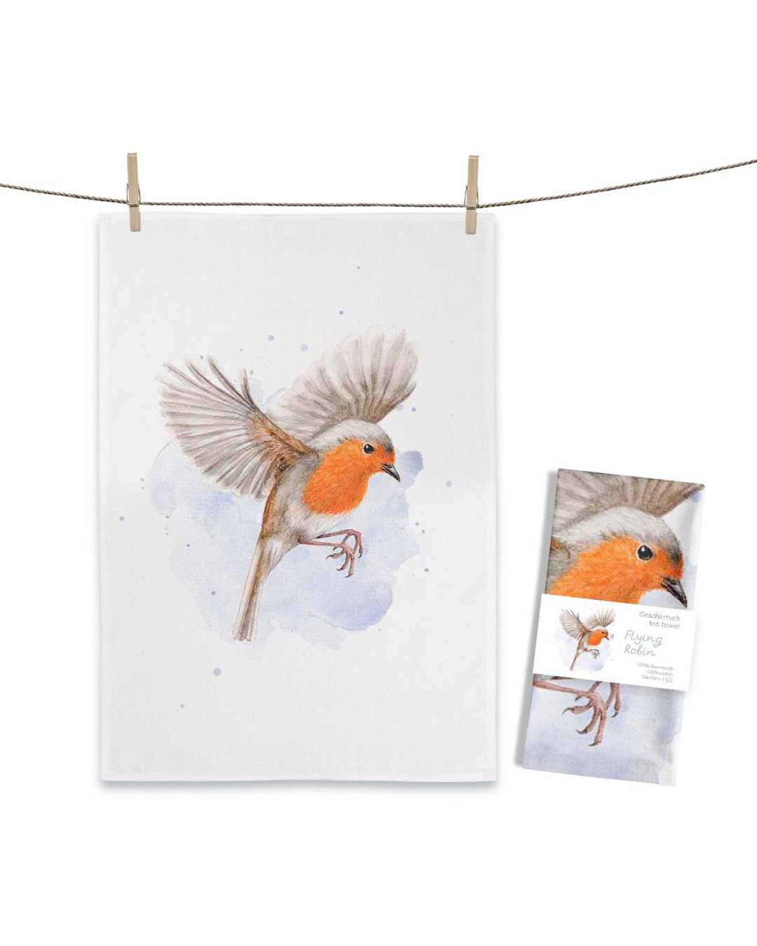 Geschirrtuch „Flying Robin“ von Maluu mit Rotkehlchenmotiv