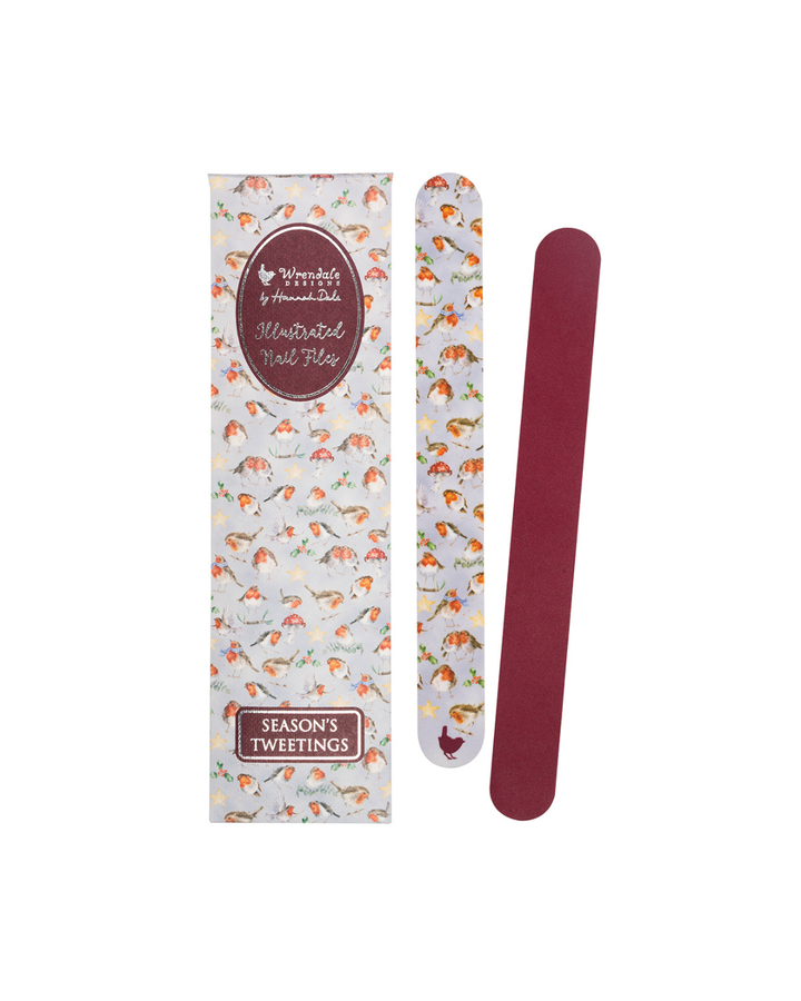 Nagelfeile „Season’s Tweetings“ von Wrendale Designs mit Rotkehlchen-Motiv vor weißem Hintergrund.
