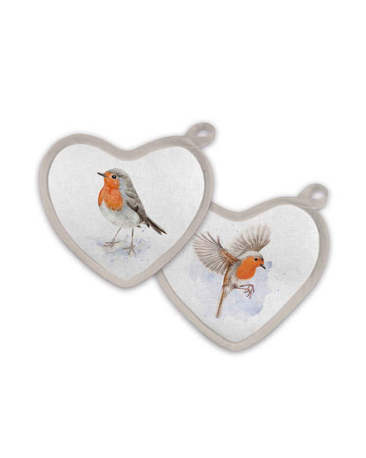 Vorderseiten der herzförmigen Topflappen „Robin“ von Maluu mit Rotkehlchenmotiven