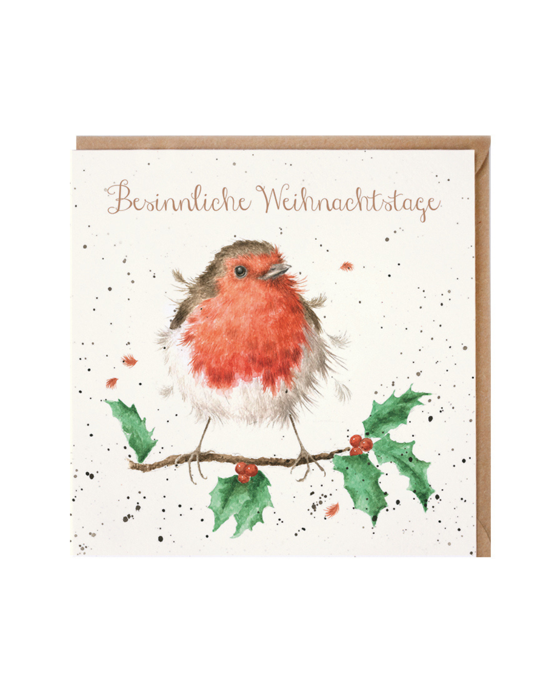 Weihnachtskarte The Christmas Robin mit Rotkehlchen von Wrendale Designs vor weißem Hintergrund.