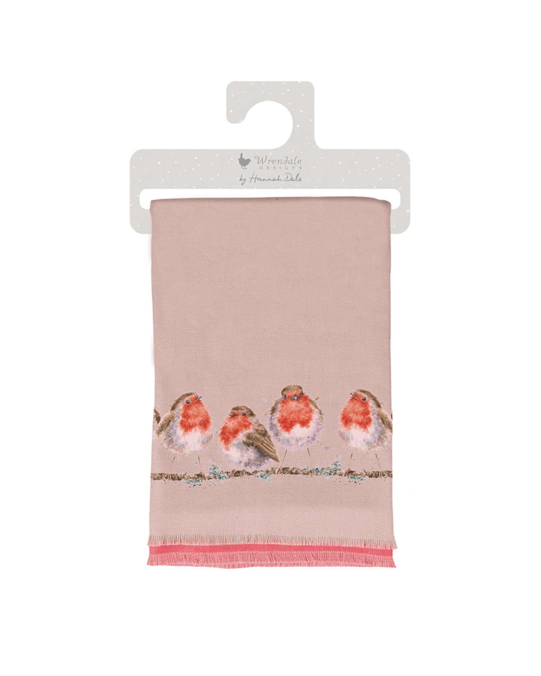 Winterschal „Jolly Robin“ von Wrendale Designs vor weißem Hintergrund. Die Vorderseite ist in Rosa mit fünf Rotkehlchen-Illustrationen von Hannah Dale gestaltet, während Rückseite und Fransen in dunklem Pink gehalten sind. Der Schal ist dekorativ gefaltet und auf Verpackungskarton präsentiert.
