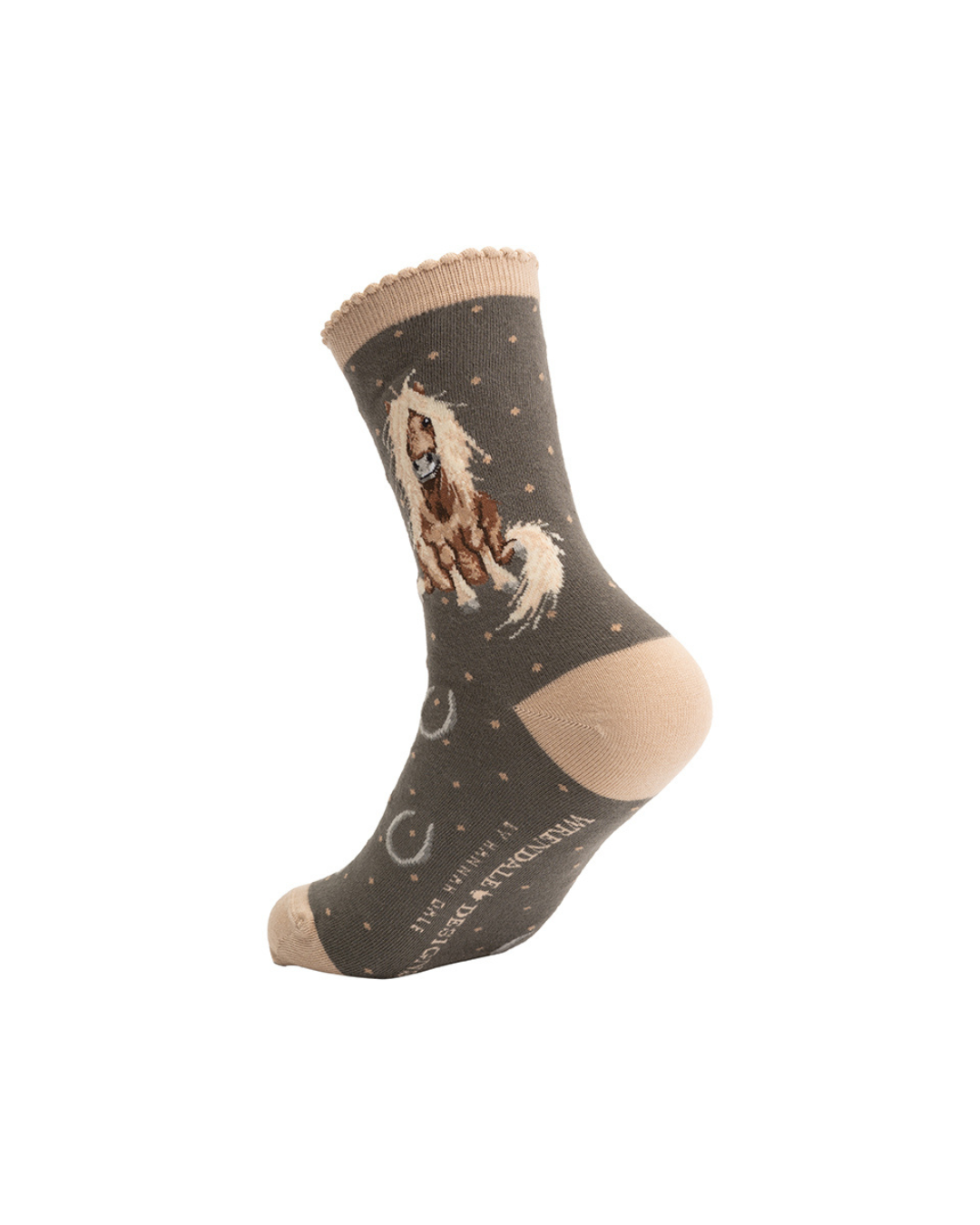Rückansicht der Pferde Socken von Wrendale Designs mit feinem Punkt- und Hufeisenmuster