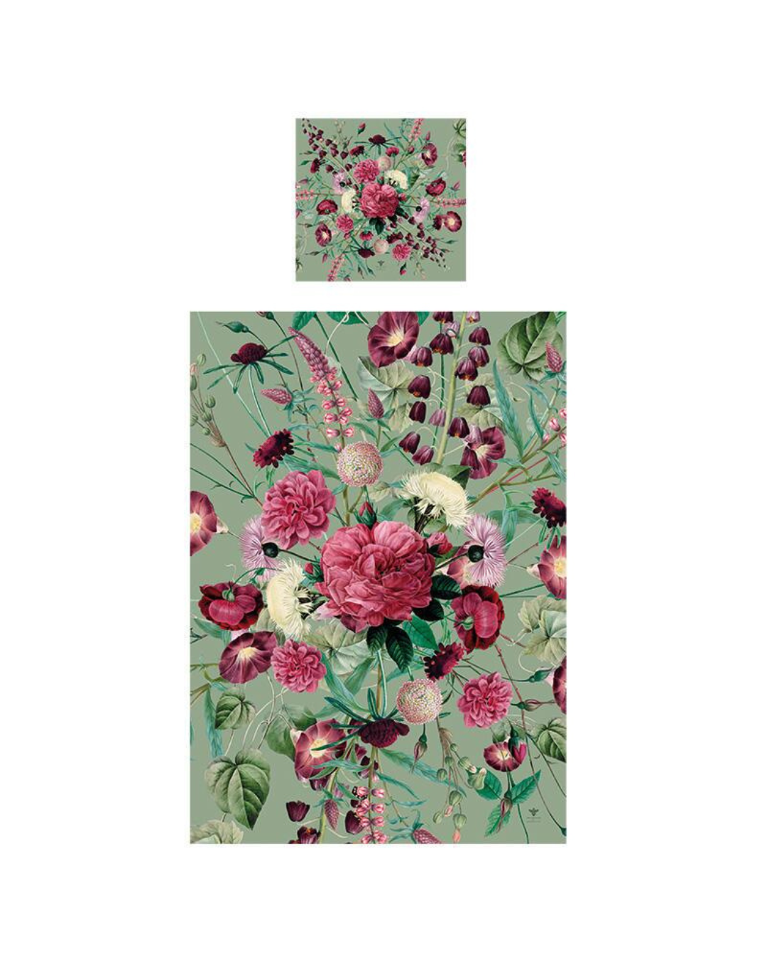 Nahaufnahme der Bettwäsche Blossom Garden: Üppige Blumenmotive in Rosa und Lila auf hellem Grund, Detailansicht der Stickerei.