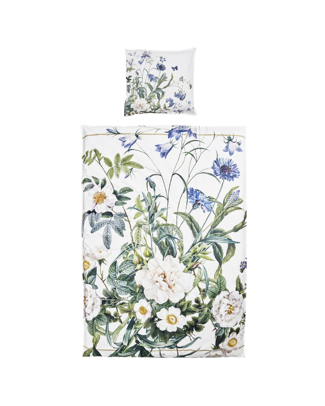 Bettwäsche „Blue Flower Garden“ von Koustrup & Co., Kissen mit Blumenmotiven und Schmetterlingen, seitliche Ansicht.