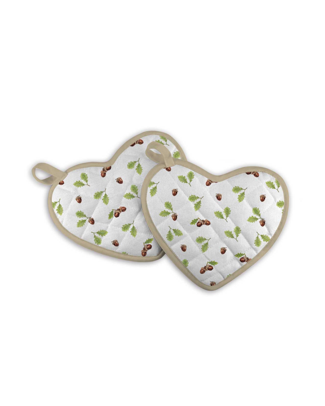 Rückseiten der Topflappen „Squirrel Romance“ von Maluu mit Muster aus Eicheln und Blättern