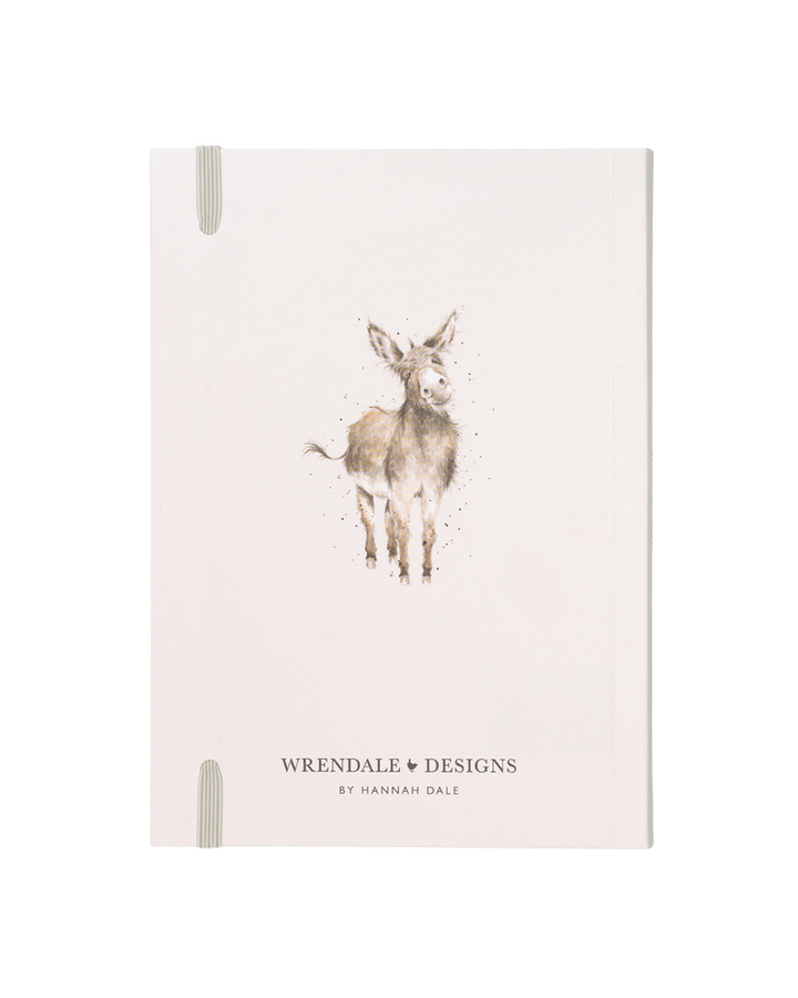 Rückseite des Esel Flexi-Notizbuchs B6 „Fine and Dandy“ von Wrendale Designs mit kleiner Eselillustration, Gummiband und Markenaufdruck.