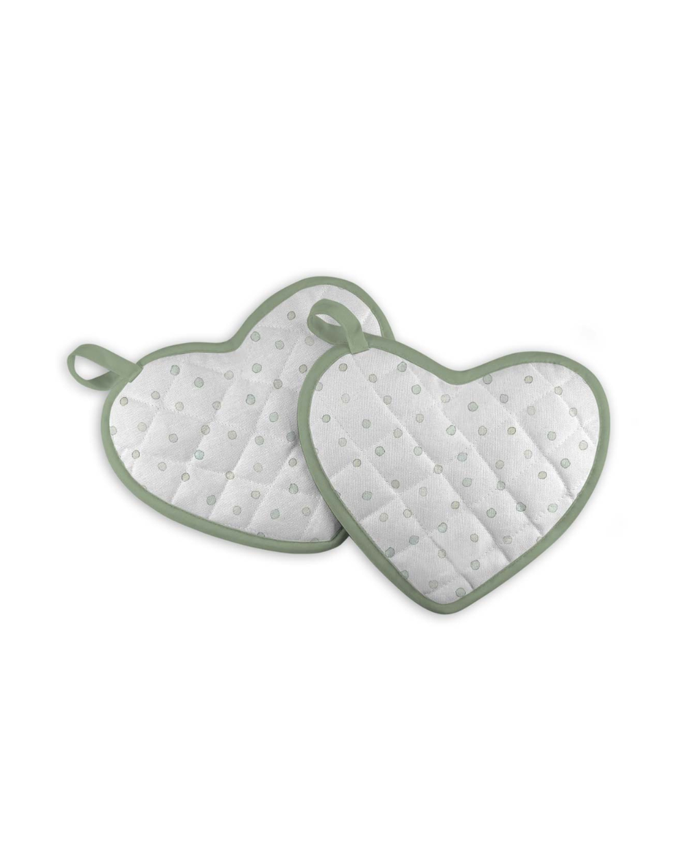 Rückseiten der Topflappen „Country Goose“ von Maluu mit hellgrünem Punktmuster