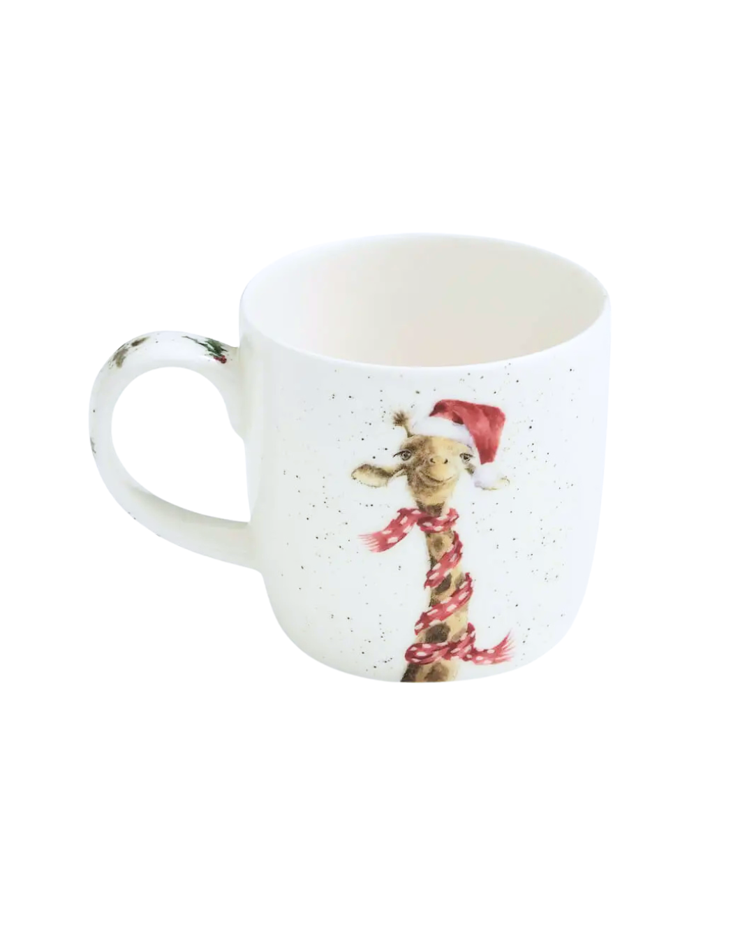 Rückseite der Wrendale Designs Tasse „Ho Ho Ho“ mit Stechpalmenblättern am Henkel vor weißem Hintergrund.