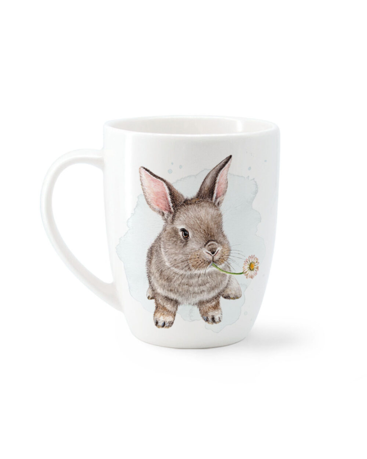 Rückseite der Maluu Tasse Bunny Bliss mit einzelner Hasenillustration und kleiner Blume im Maul des Kaninchens