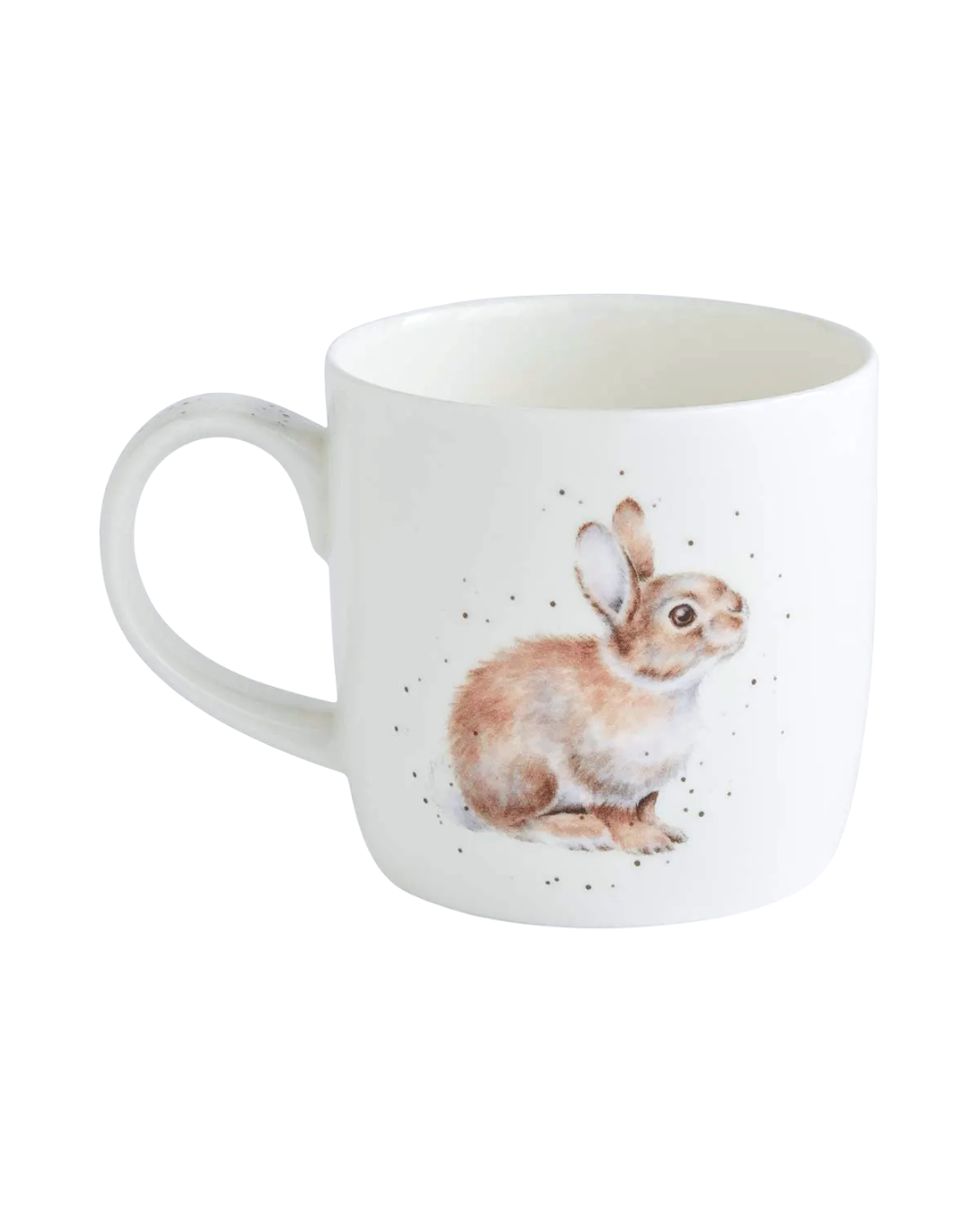 Rückseite der Hasen Tasse von Wrendale Designs auf weißen Hintergrund. auf der Tasse ist ein kleiner niedlicher Hase zu sehen welcher mit glänzenden Augen in die ferne schaut.