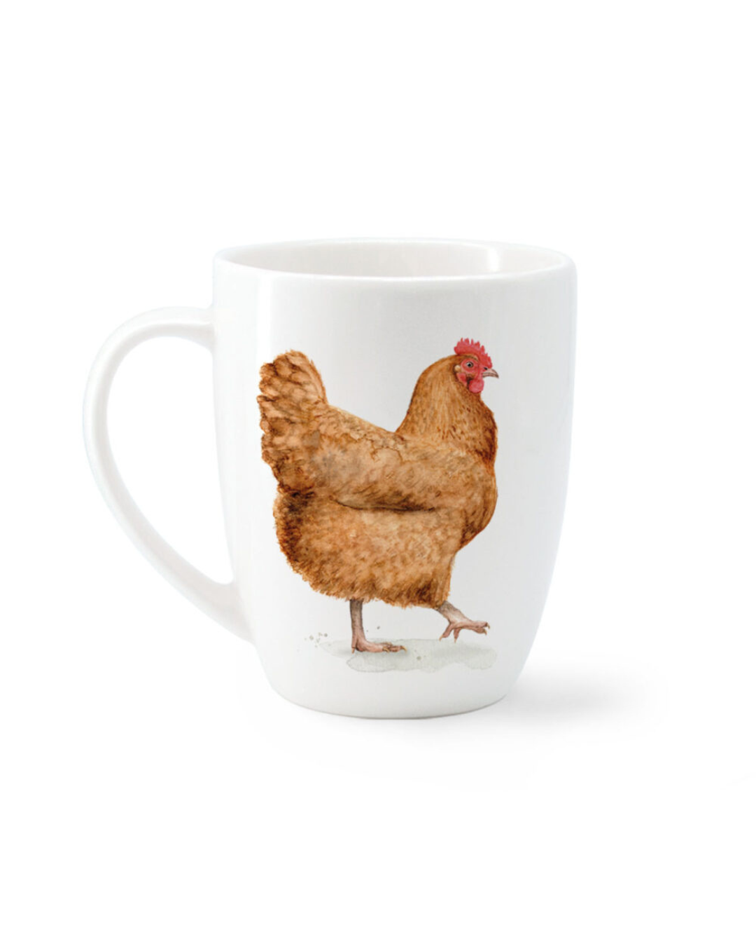 Rückseite der Maluu Tasse Chicken & Rooster mit brauner Hennenillustration auf hellem Hintergrund
