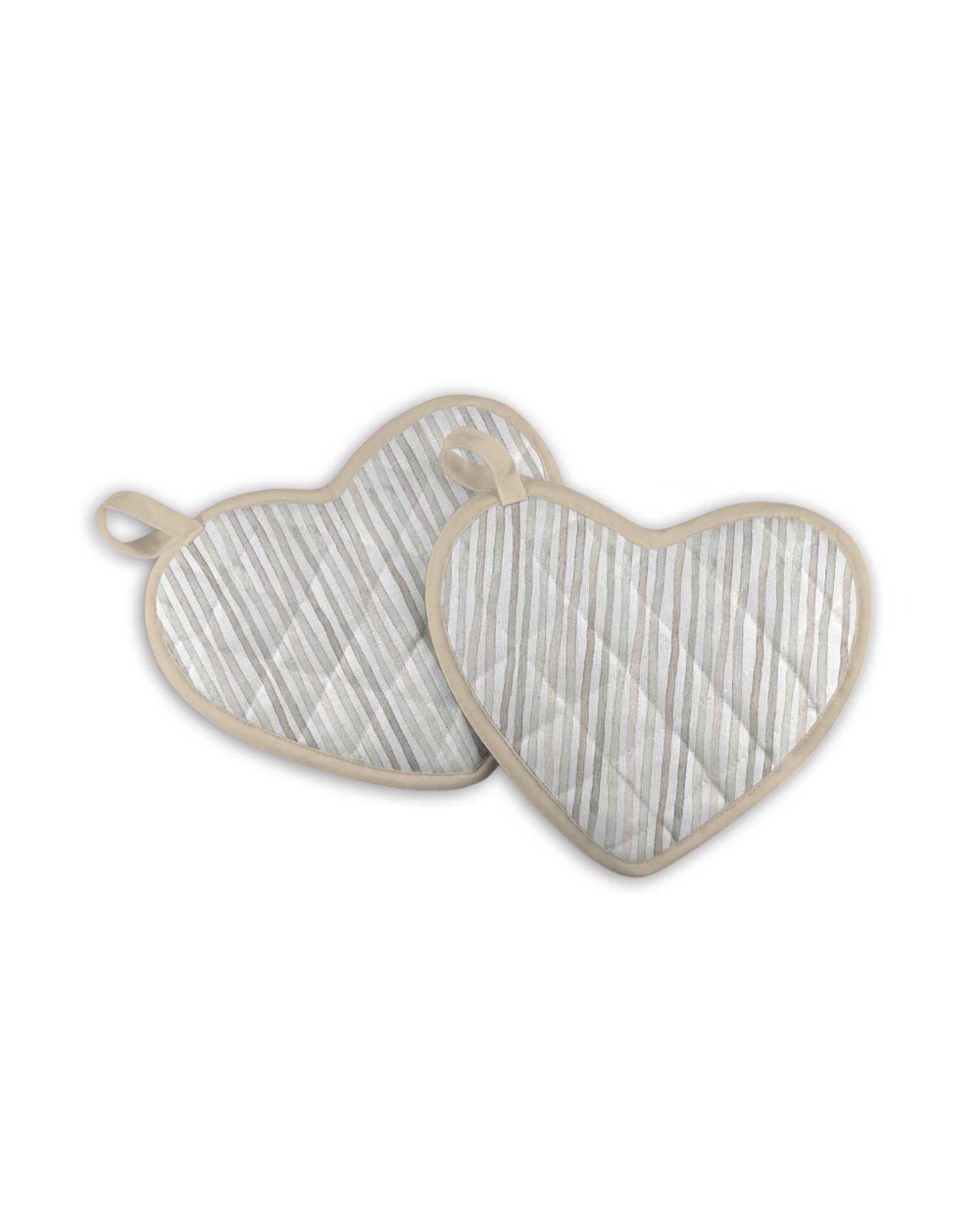 Rückseiten der Topflappen „Chicken & Rooster“ von Maluu mit grauem Streifenmuster