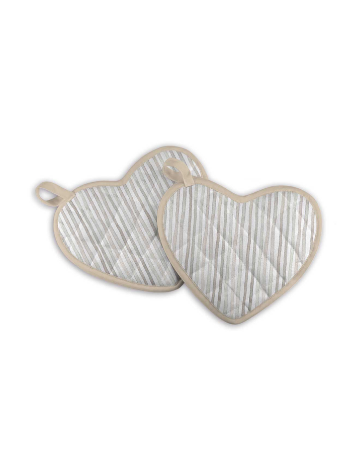 Rückseiten der Topflappen „Chicken & Rooster“ von Maluu mit grauem Streifenmuster