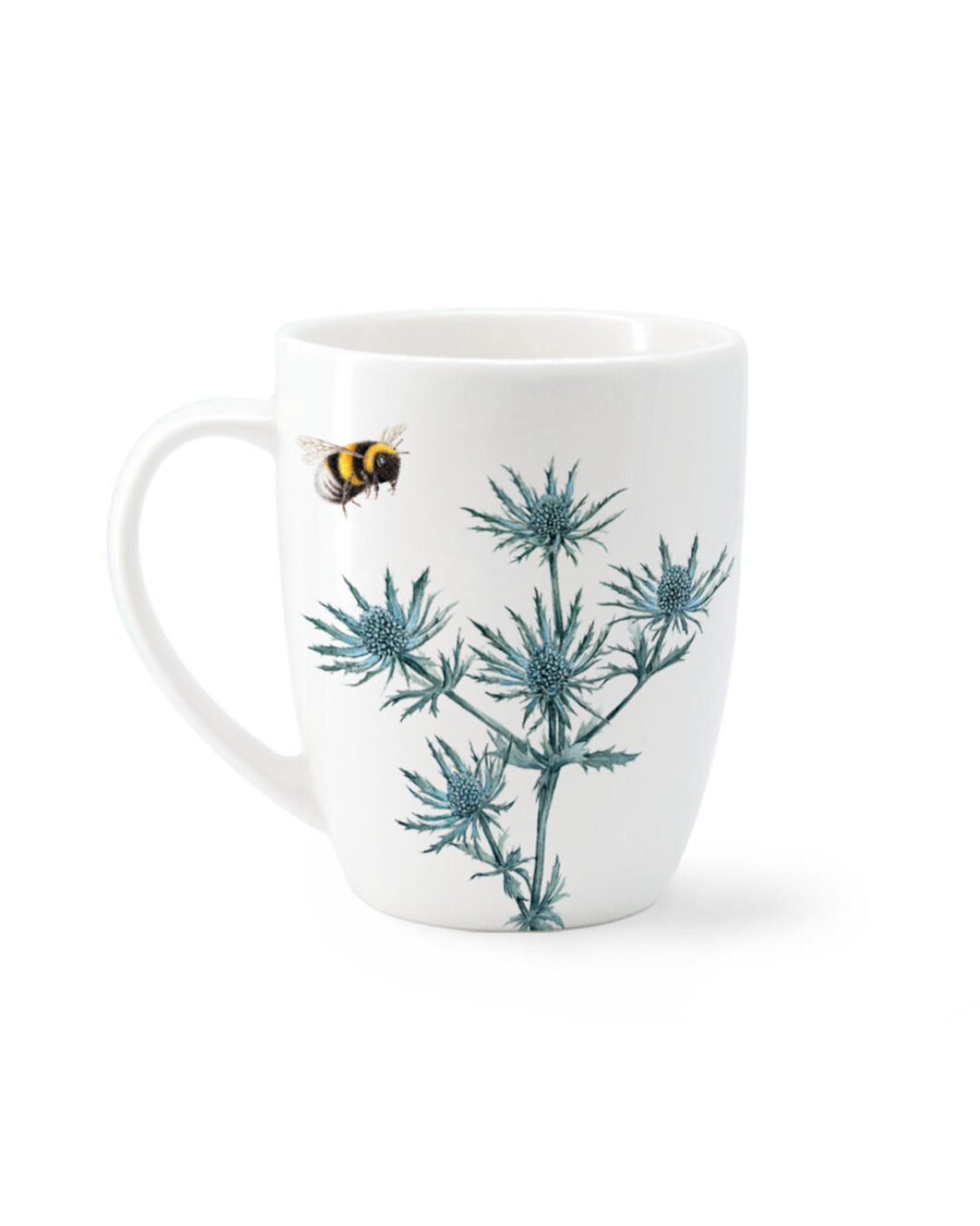 Rückseite der Maluu Tasse Bumble Bee mit kleiner fliegender Hummel und distelartiger Pflanzenillustration