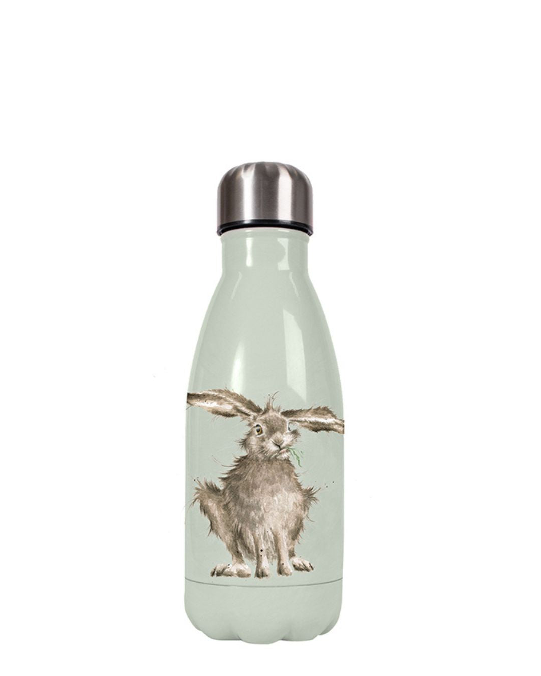 Rückseite der kleinen Hasen Thermosflasche in hellgrün von Wrendale Designs.