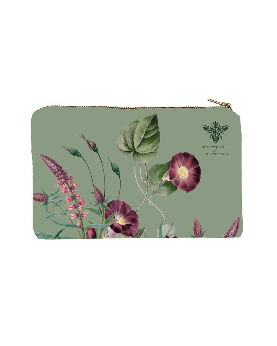 Kosmetiktasche mit Blumenmotiv und floralen Elementen auf grünem Untergund.