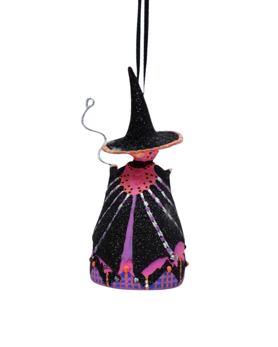 Rückseite des Hexen Krinkle „Mini Bat Moon Witch“ von Patience Brewster mit detailreicher Bemalung vor weißem Hintergrund.