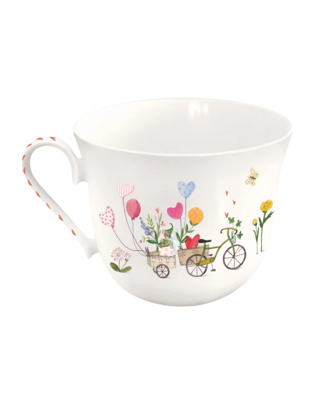 Die Rückseite der Lieblingstasse Auf ins Glück vom Grätz Verlag zeigt ein Blumenmädchen von Silke Leffler, die im Anhänger eines mit Blumen geschmückten Fahrrads sitzt.