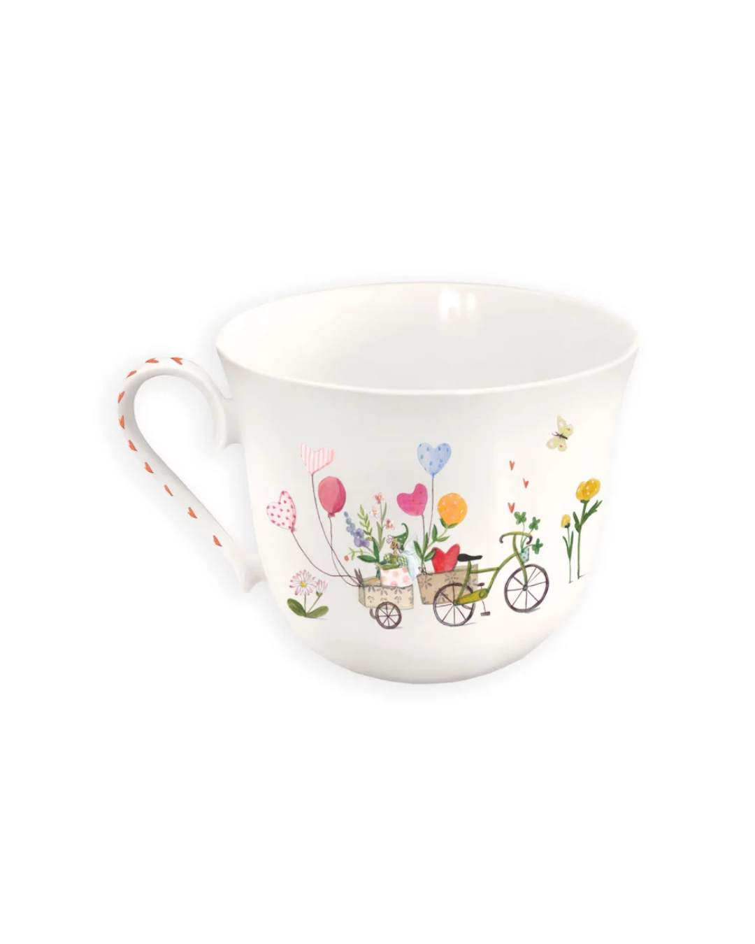 Die Rückseite der Lieblingstasse Auf ins Glück vom Grätz Verlag zeigt ein Blumenmädchen von Silke Leffler, die im Anhänger eines mit Blumen geschmückten Fahrrads sitzt.