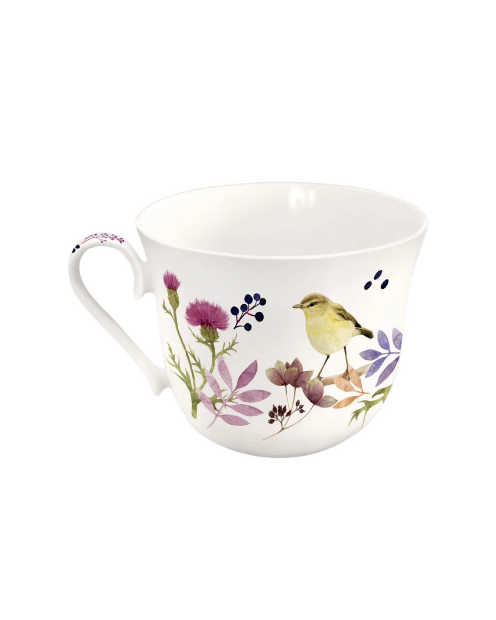 Die Rückseite der Lieblingstasse Blätterrauschen vom Grätz Verlag zeigt einen weiteren Vogel zwischen Blumen und Blättern von Maria Over.