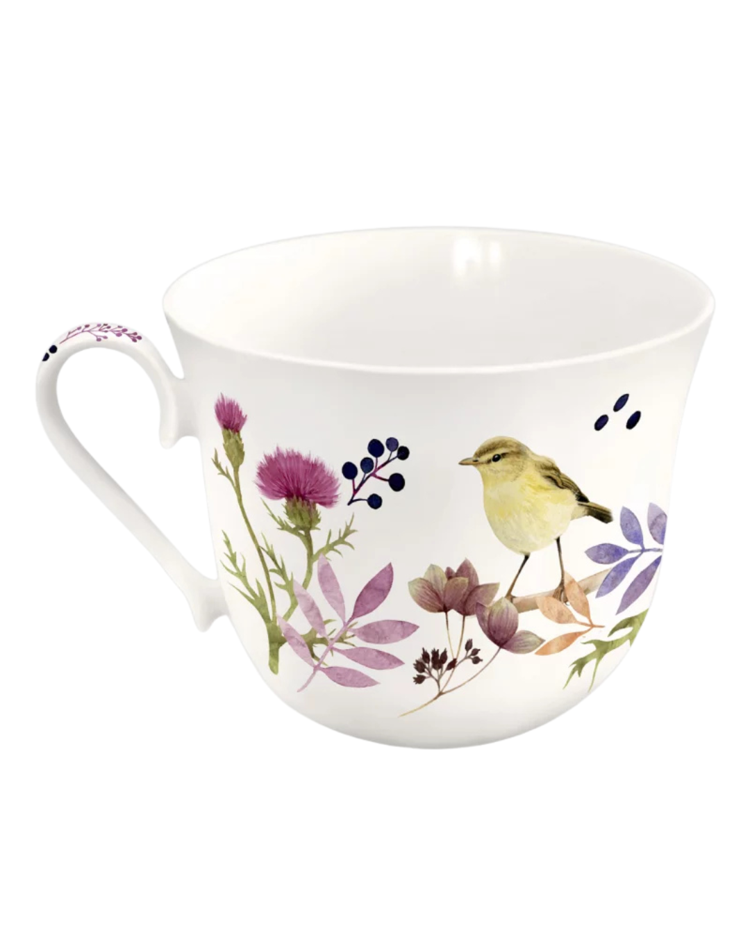 Die Rückseite der Lieblingstasse Blätterrauschen vom Grätz Verlag zeigt einen weiteren Vogel zwischen Blumen und Blättern von Maria Over.