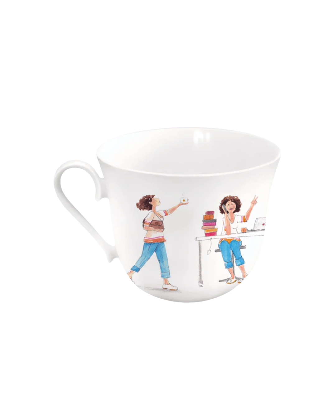 Lieblingstasse „Frauenpower“ vom Grätz Verlag, Nahaufnahme des Motivs mit Frau am Schreibtisch und Frau mit Kaffee.