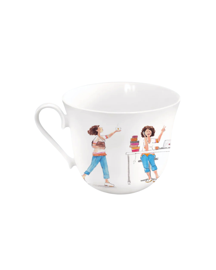 Lieblingstasse „Frauenpower“ vom Grätz Verlag, Nahaufnahme des Motivs mit Frau am Schreibtisch und Frau mit Kaffee.