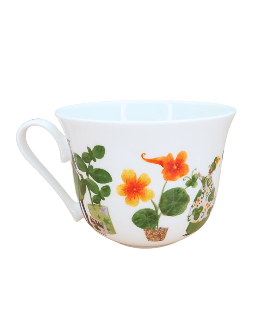 Weiße Keramik-Tasse mit Kräutergarten-Motiv (Ringelblumen, Kräuter, Gießkanne) der Marke Grätz Verlag, isoliert auf weißem Hintergrund.