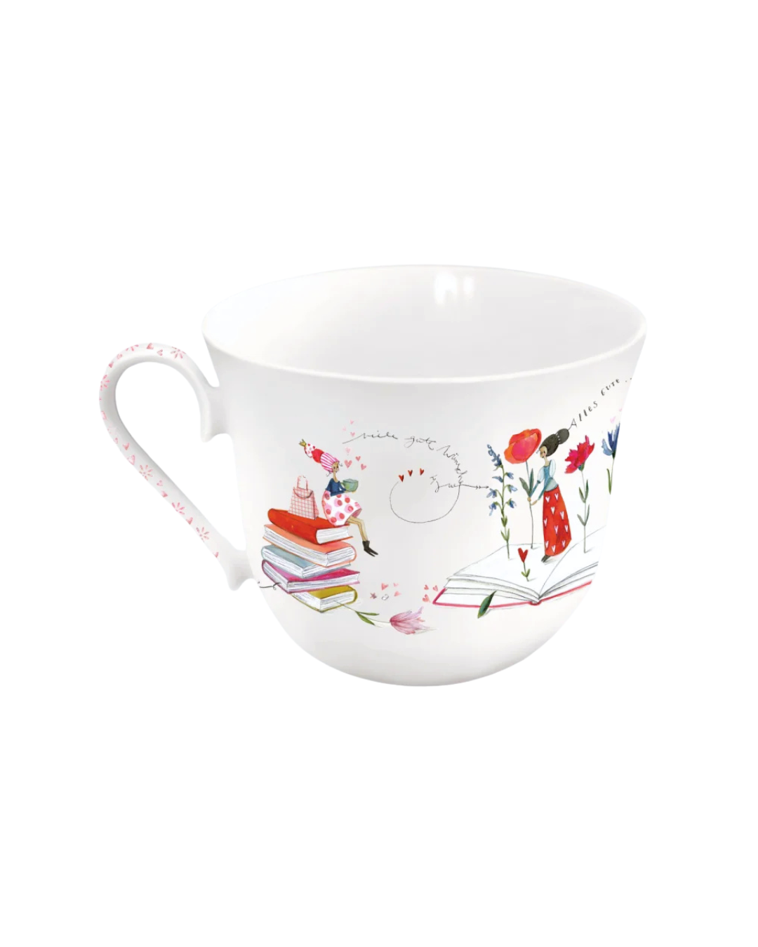 Lieblingstasse „Lesefreude“ vom Grätz Verlag, Nahaufnahme des Motivs mit Sessel aus Büchern und Blumen.