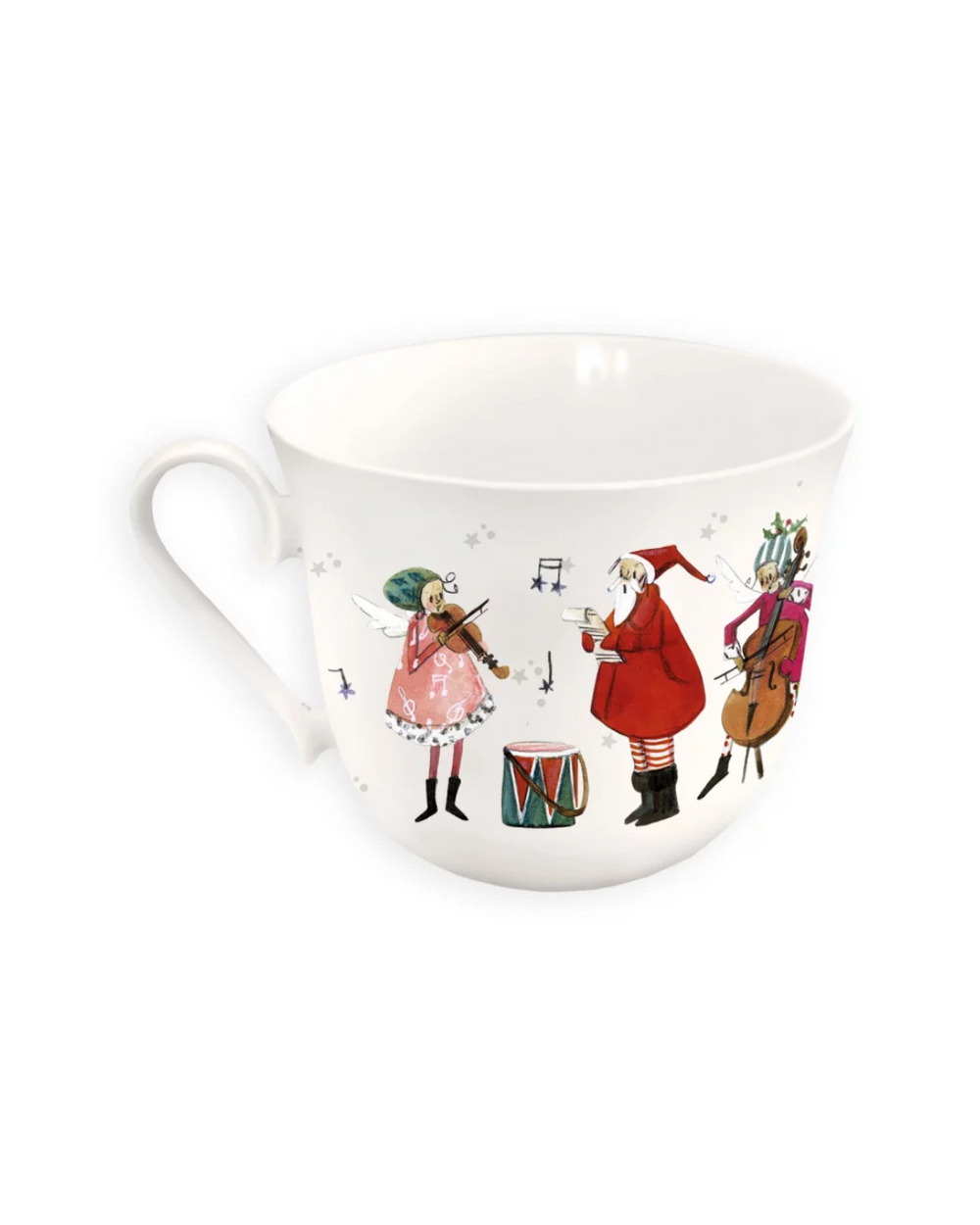 Rückseite der Lieblingstasse „Musikanten“ vom Grätz Verlag vor weißem Hintergrund mit weiteren Engeln, die Geige und Cello spielen, sowie einer Figur im roten Mantel, die dirigiert.