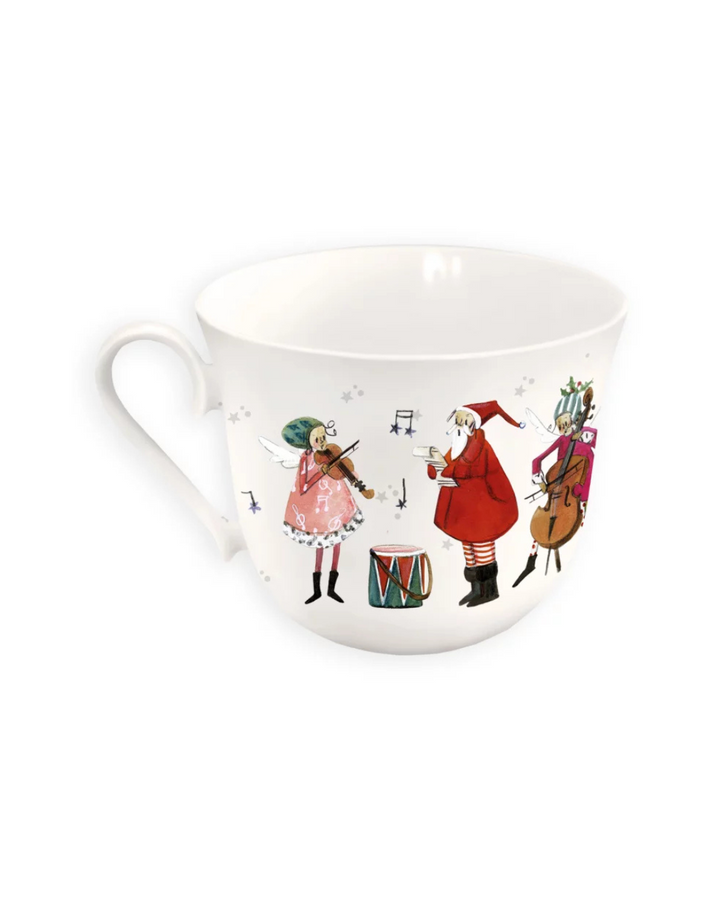 Rückseite der Lieblingstasse „Musikanten“ vom Grätz Verlag vor weißem Hintergrund mit weiteren Engeln, die Geige und Cello spielen, sowie einer Figur im roten Mantel, die dirigiert.