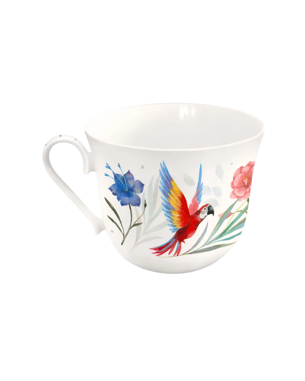 Rückseite der Paradiesvogel Lieblingstasse mit tropischen Blumen und Papagei vom Grätz Verlag vor weißem Hintergrund.