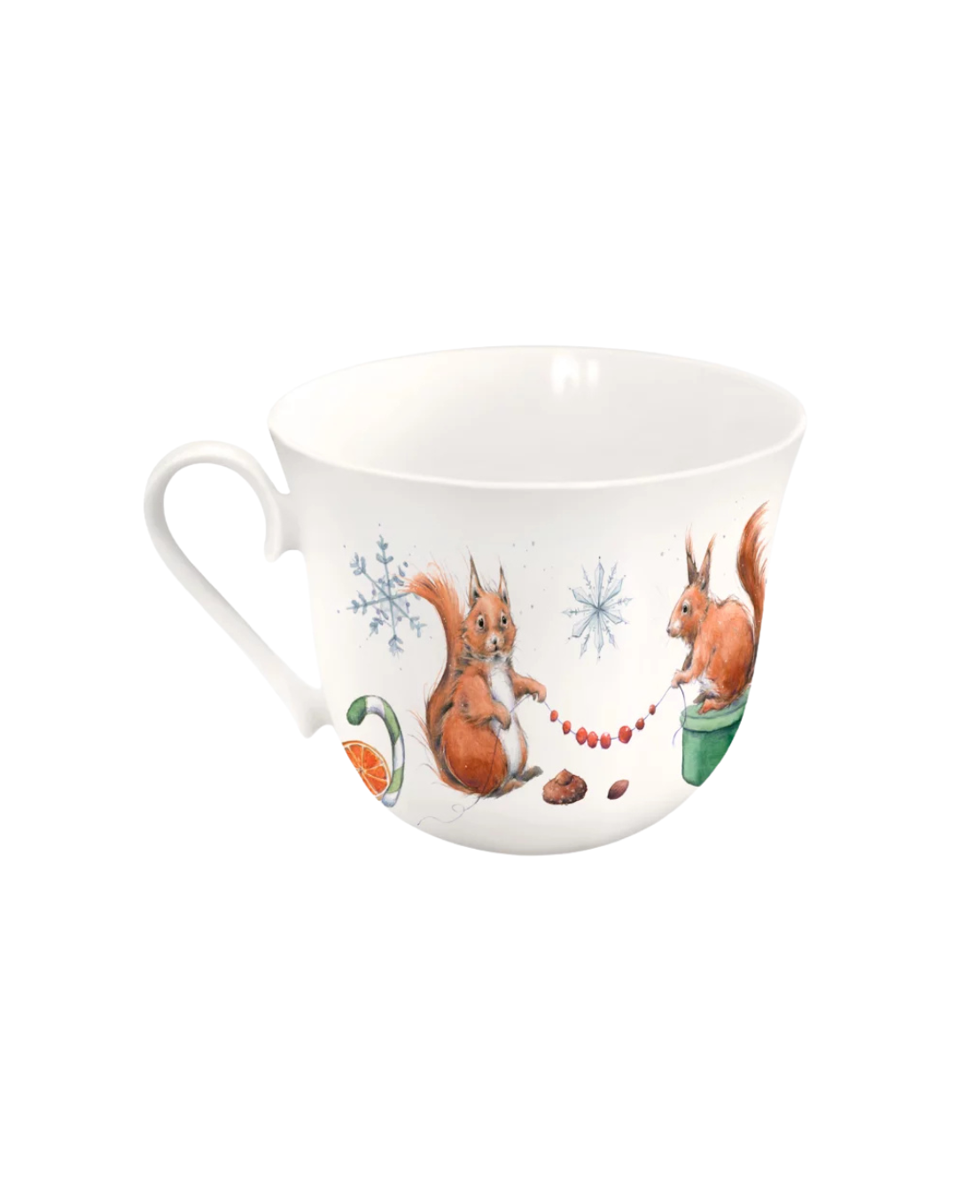 Rückseite der weihnachtlichen Eichhörnchen Lieblingstasse vom Grätz Verlag vor weißem Hintergrund.