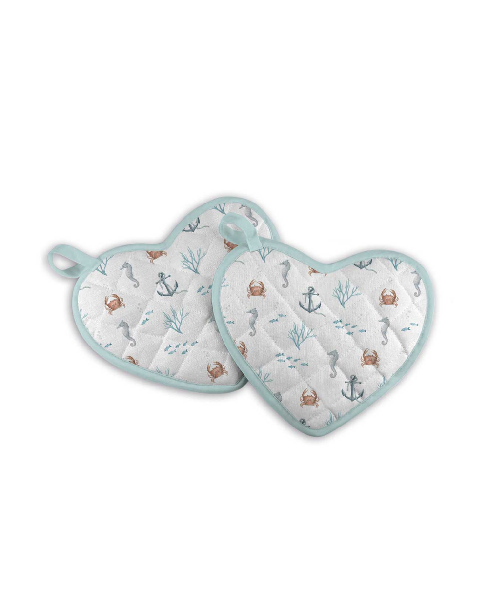 Rückseiten der Topflappen „Sealife“ von Maluu mit maritimem Muster aus Seepferdchen, Ankern und Korallen