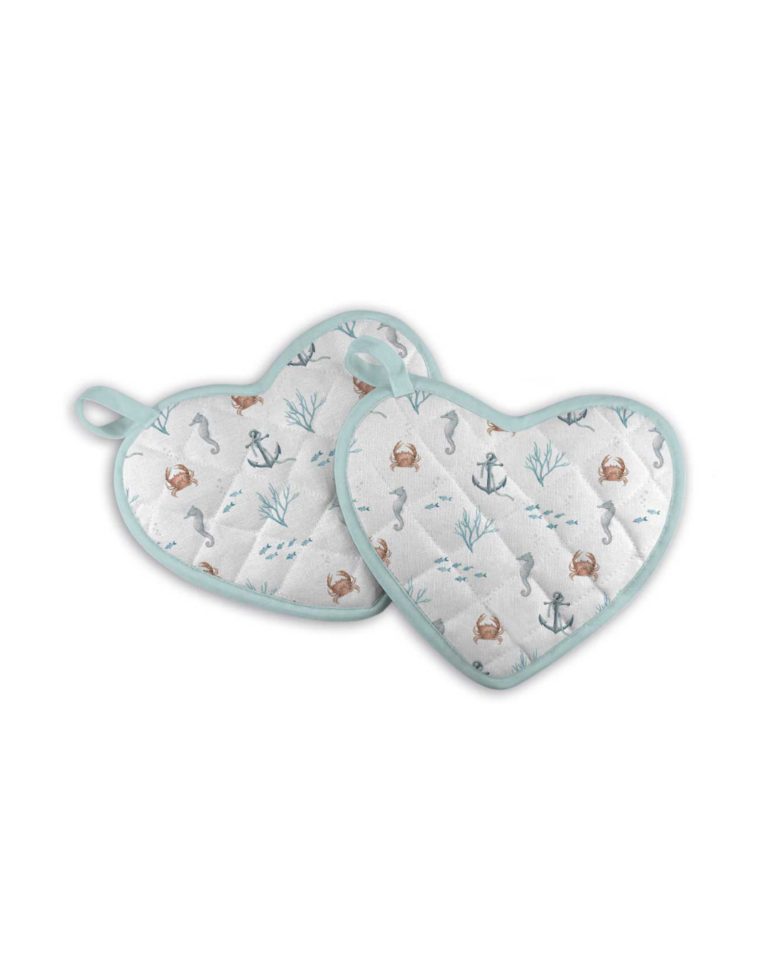 Rückseiten der Topflappen „Sealife“ von Maluu mit maritimem Muster aus Seepferdchen, Ankern und Korallen