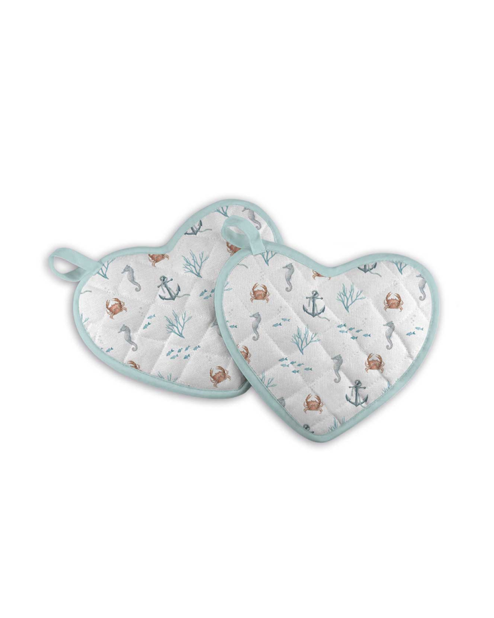 Rückseiten der Topflappen „Sealife“ von Maluu mit maritimem Muster aus Seepferdchen, Ankern und Korallen