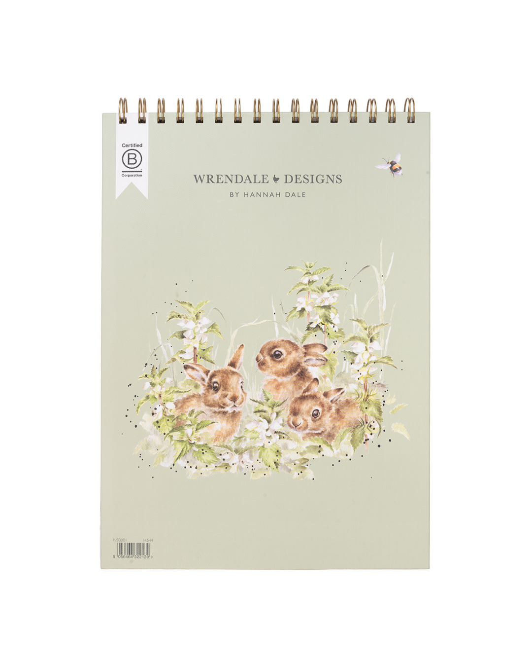 Rückseite des Skizzenbuchs A4 „Hedgerow“ von Wrendale Designs mit grünem Hintergrund, Hasenmotiv und Markenaufdruck.