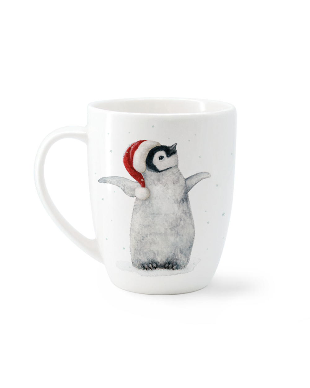 Rückseite der Christmas Penguins Tasse von Maluu mit einem fröhlich tanzenden Pinguin-Küken in Weihnachtsmütze.