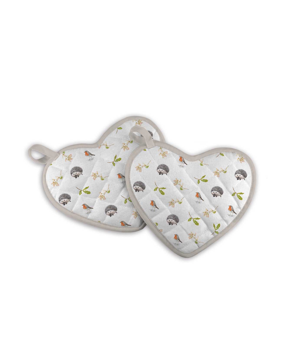 Rückseiten der Topflappen „Robin“ von Maluu mit Muster aus Rotkehlchen, Igeln und Mistelzweigen